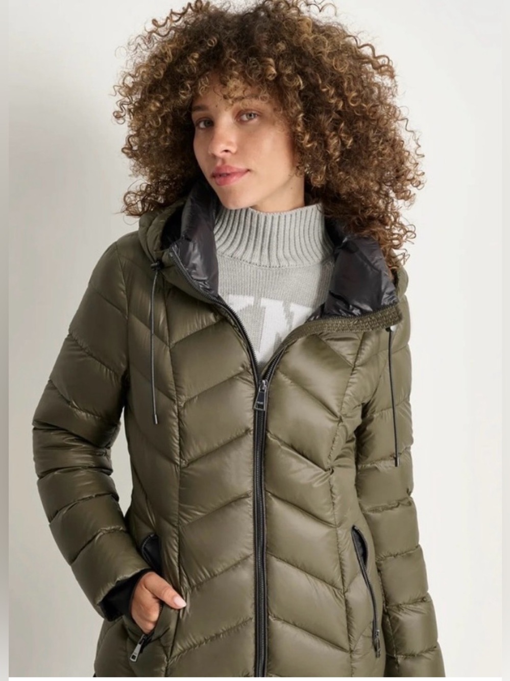 DKNY Olive Quilted Hooded Puffer Jacket women large